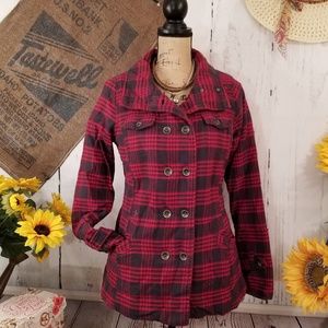 🌺GORGEOUS RED PLAID LONGER HEAVY PEA COAT MED